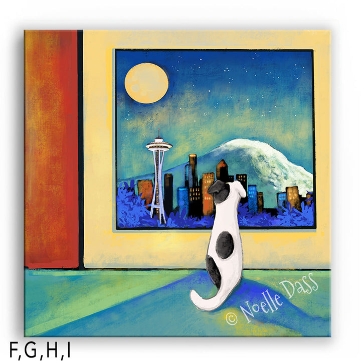 Space Needle Waiting for you | Dog at Window I. Canvas 30x30 in