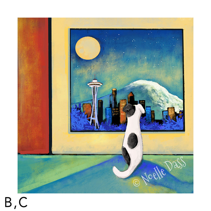 Space Needle Waiting for you | Dog at Window C. Archival Paper Image is 20x20  in.