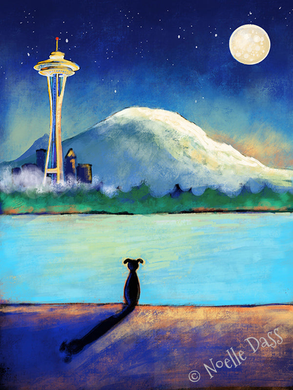 Dog sitting on beach contemplating view with Space Needle in distance, Seattle art print
