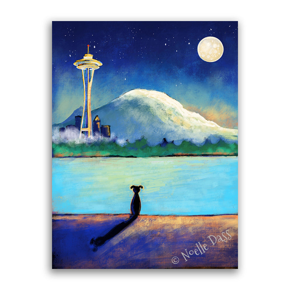 Space Needle Contempation | Dog on Beach Canvas / 30x40 / Unframed