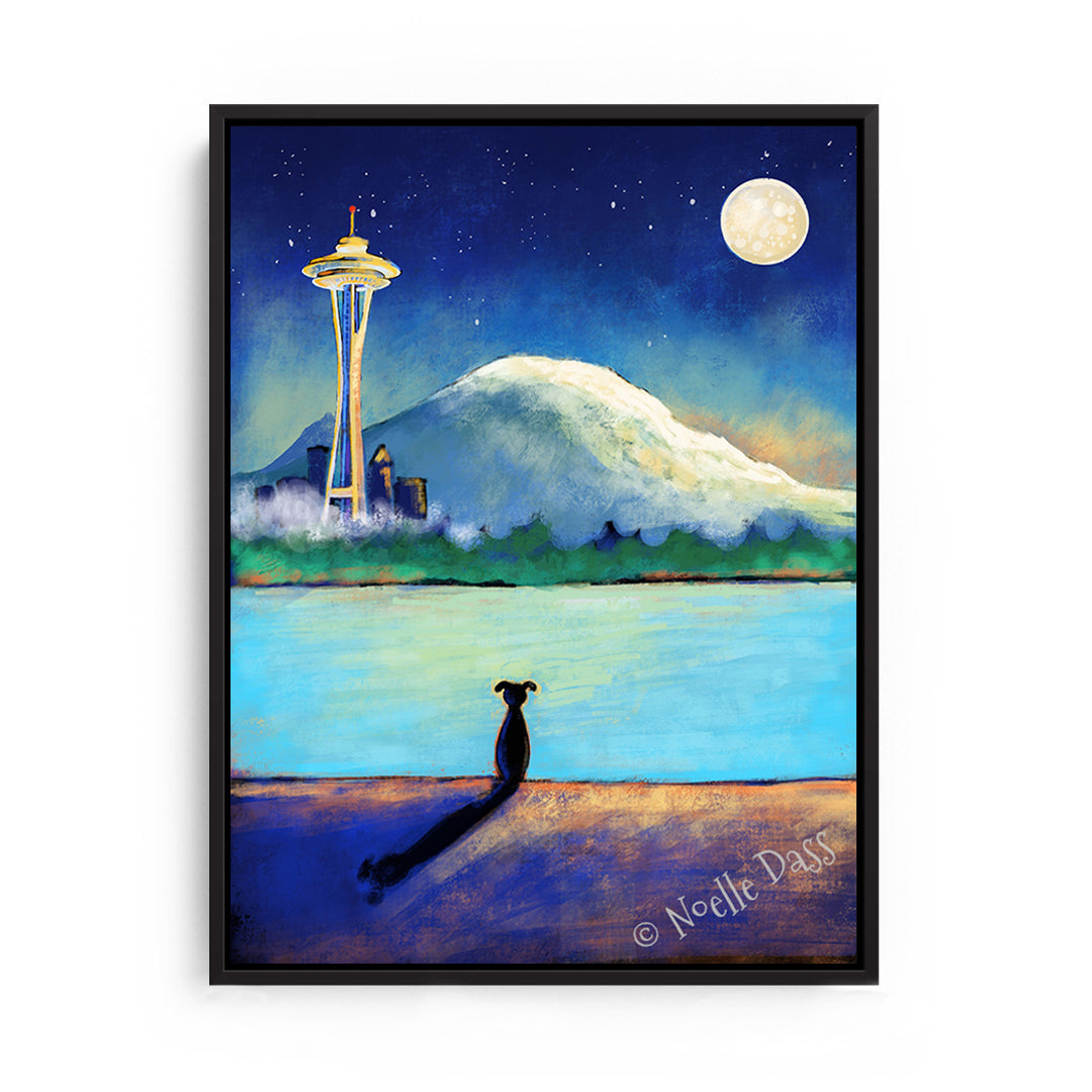 Space Needle Contempation | Dog on Beach Canvas / 30x40 / Black Floating Frame