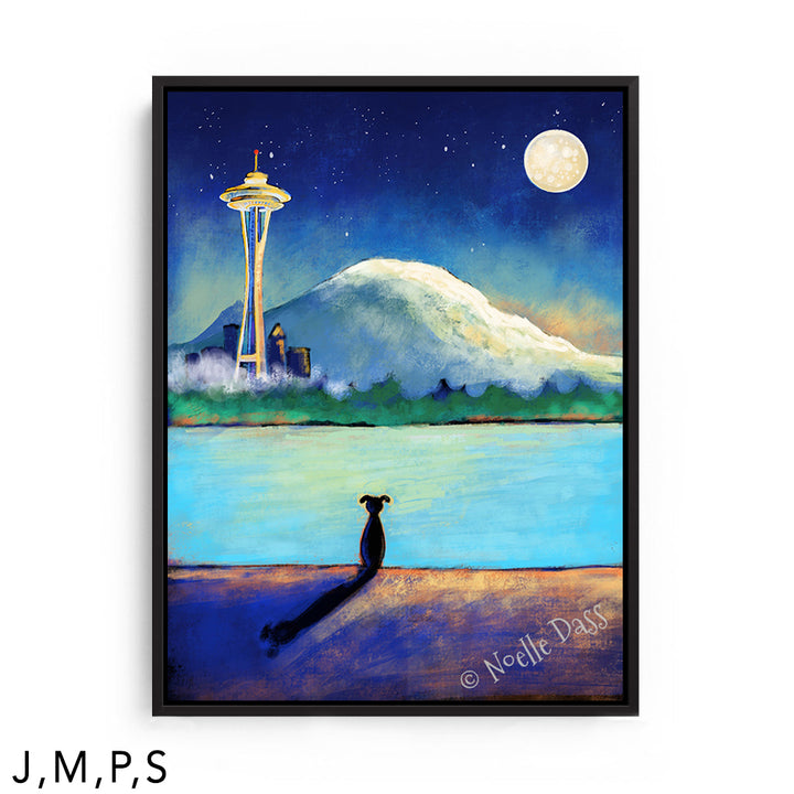 Space Needle Contemplation | Dog on Beach S: Framed Canvas - Black 30x40 in.