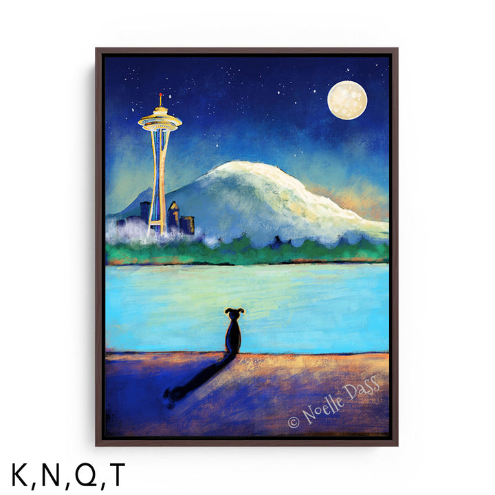 Space Needle Contemplation | Dog on Beach T: Framed Canvas - Brown 30x40 in.