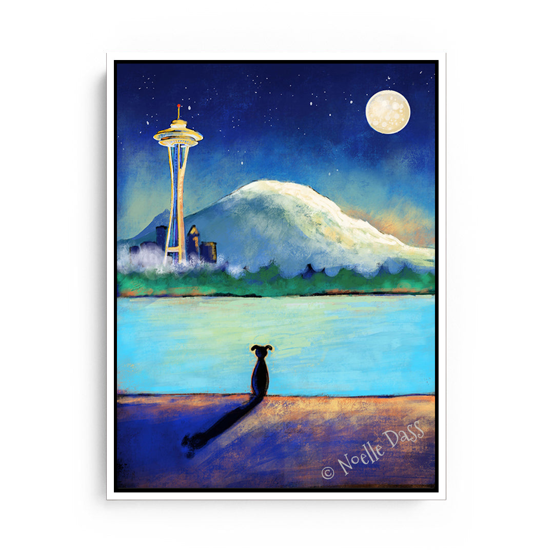 Space Needle Contempation | Dog on Beach Canvas / 30x40 / White Floating Frame