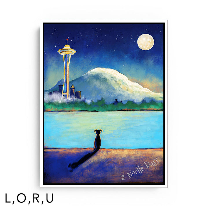 Space Needle Contemplation | Dog on Beach U: Framed Canvas - White 30x40 in.