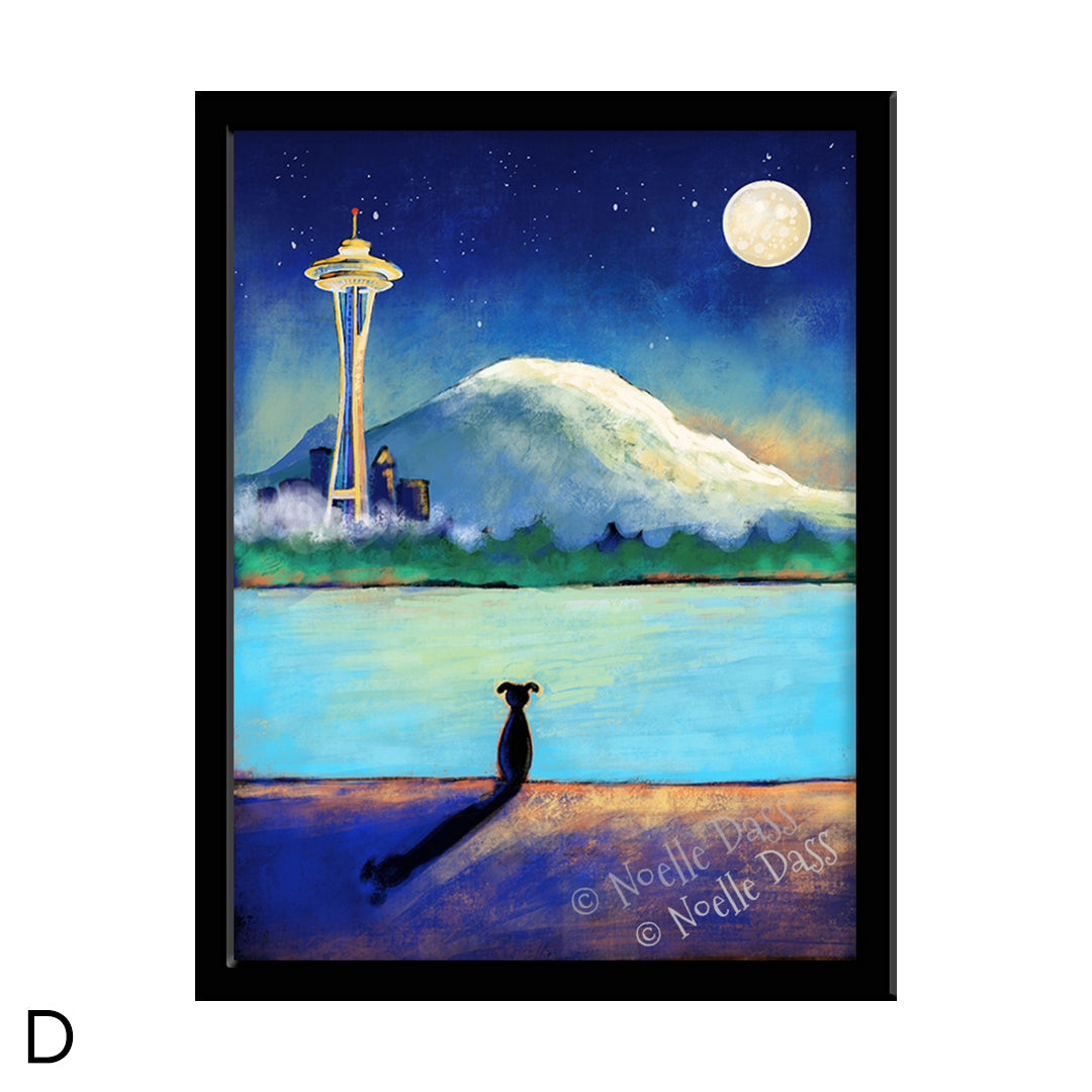 Space Needle Contemplation | Dog on Beach D. Framed 6x8 in. paper
