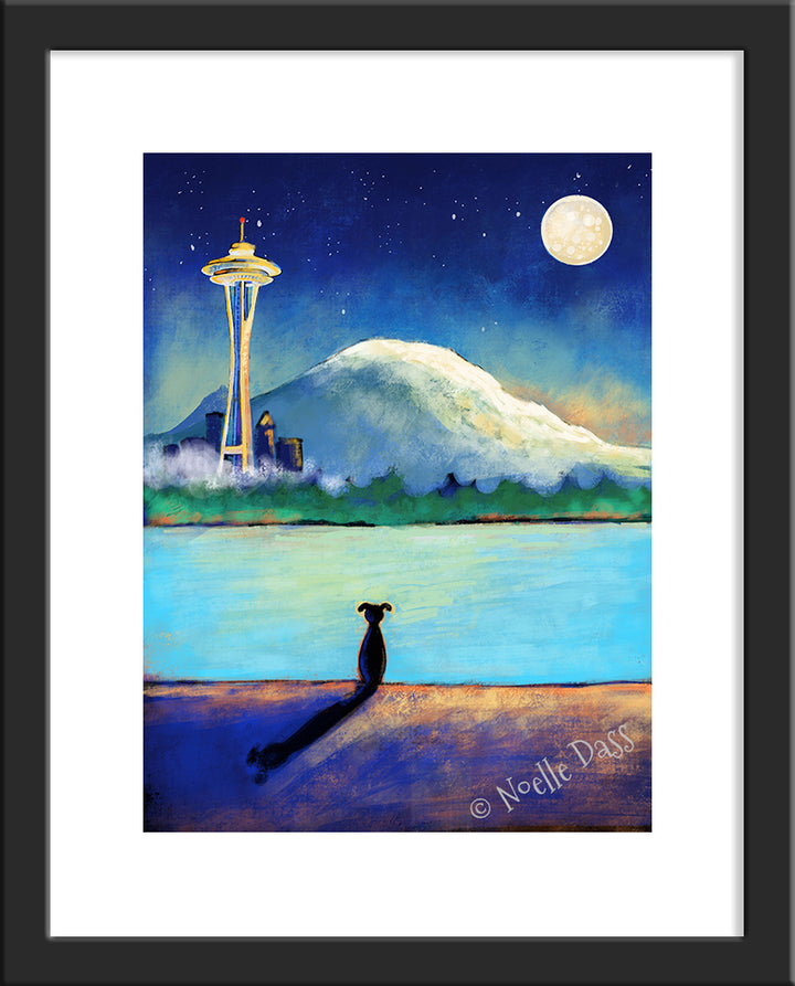 Space Needle Contempation | Dog on Beach Paper / 11x14 with white border/image is 8x10 / Black Frame