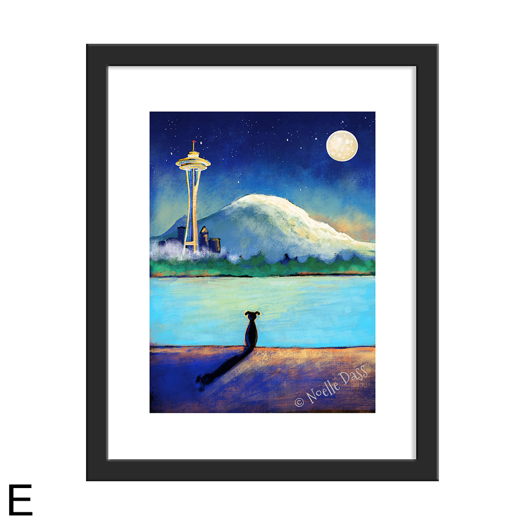 Space Needle Contemplation | Dog on Beach E. Framed 11x14 paper with white border