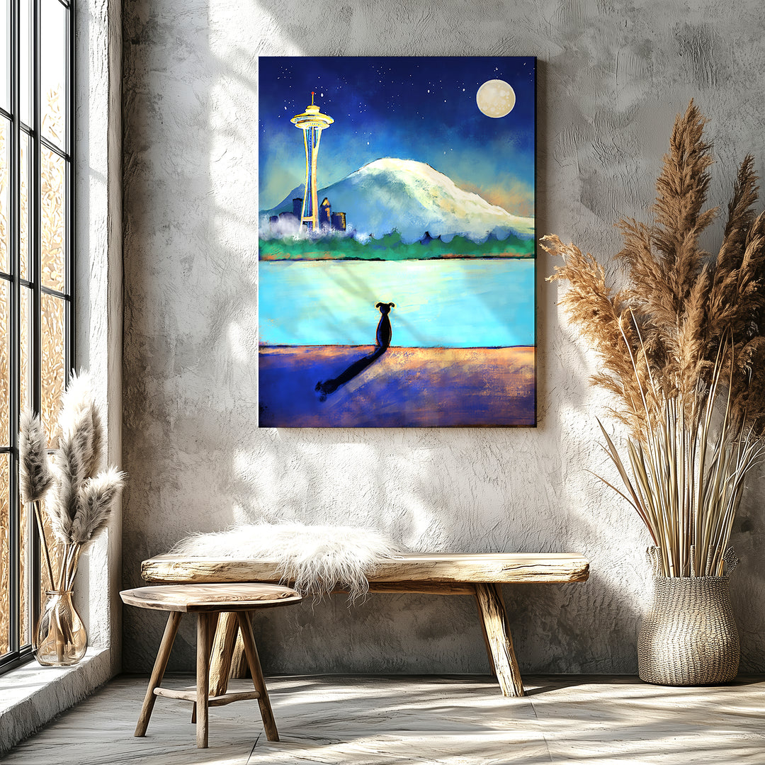 Space Needle Contempation | Dog on Beach Paper / 16x20 / Unframed