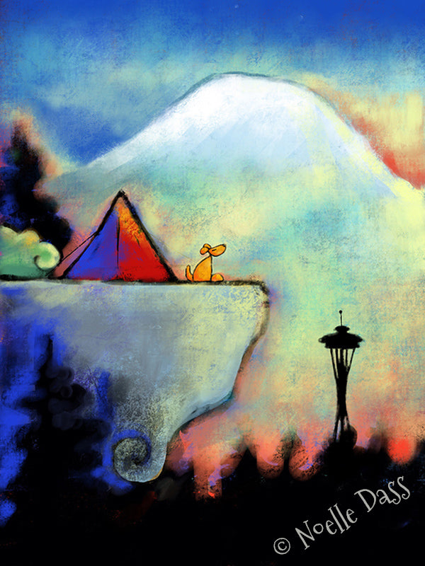 Dog sitting on cliff at golden hour with Space Needle in background, Seattle dog art print