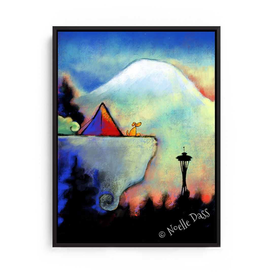 Space Needle Bliss | Dog sitting on cliff Canvas / 11x14 / Black Floating Frame
