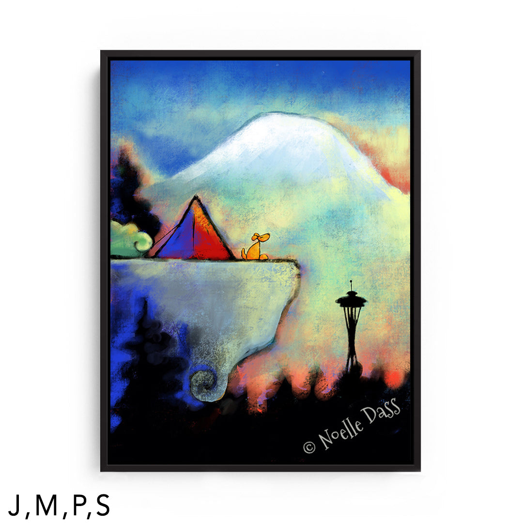 Space Needle Bliss | Dog sitting on cliff S: Framed Canvas - Black 30x40 in.