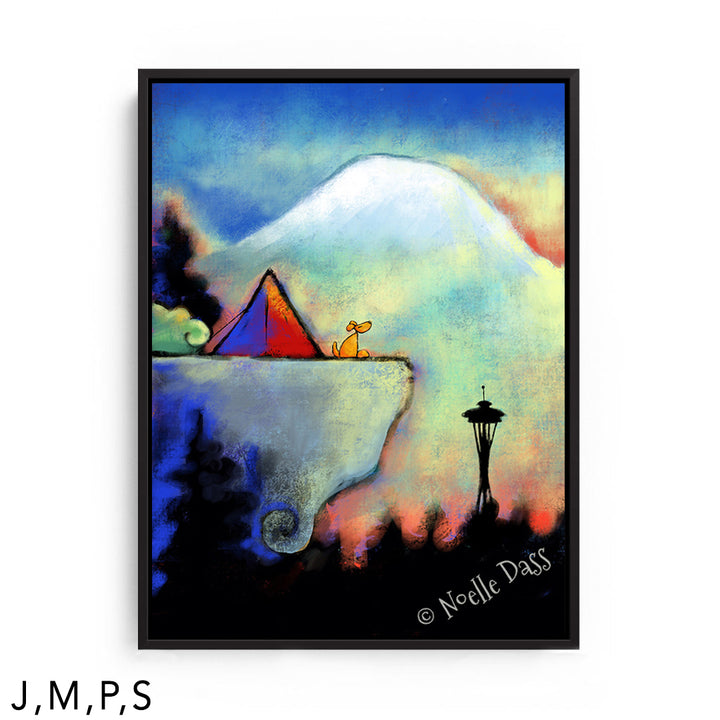 Space Needle Bliss | Dog sitting on cliff S: Framed Canvas - Black 30x40 in.