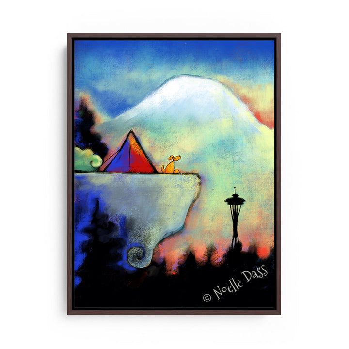 Space Needle Bliss | Dog sitting on cliff Canvas / 11x14 / Espresso Floating Frame