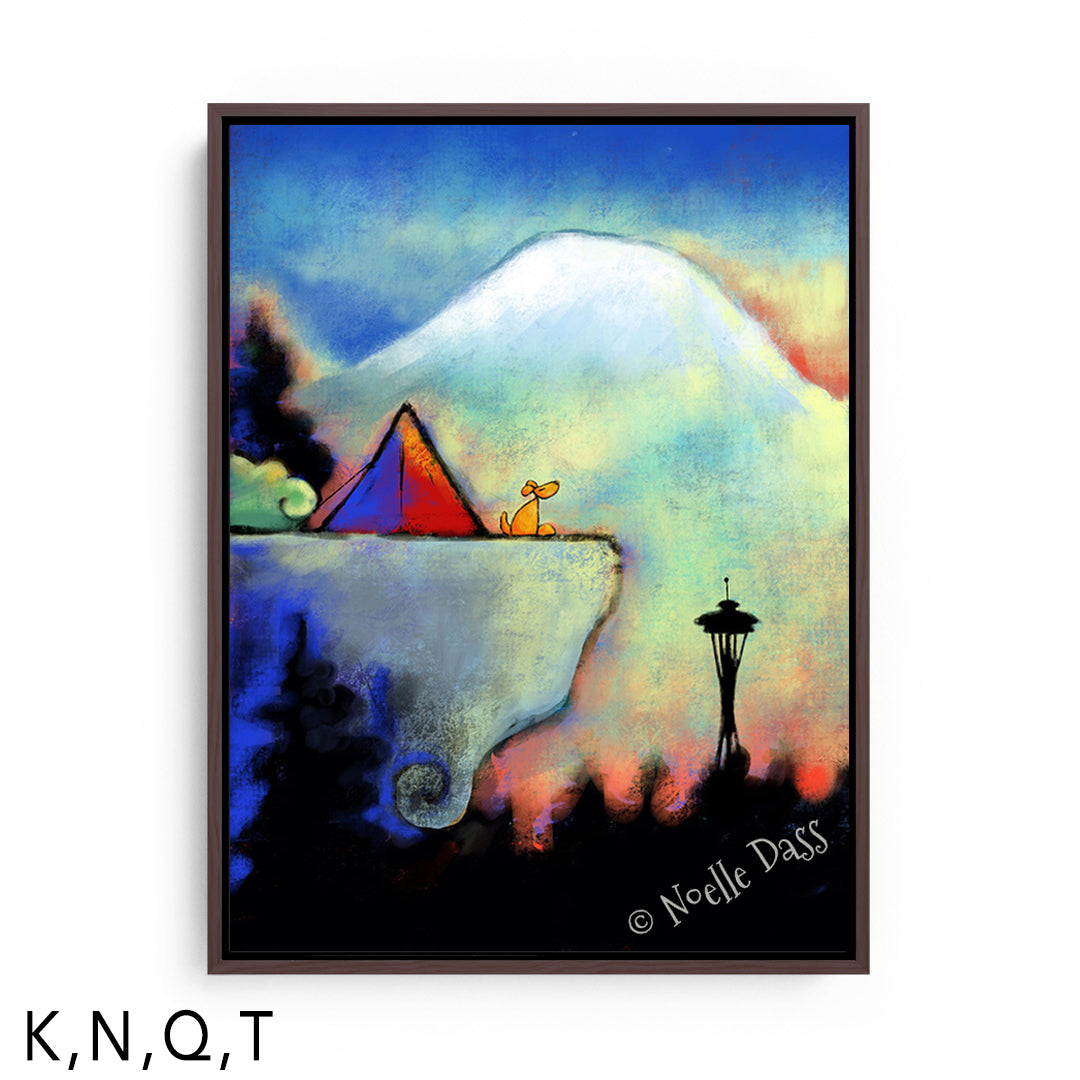 Space Needle Bliss | Dog sitting on cliff T: Framed Canvas - Brown 30x40 in.