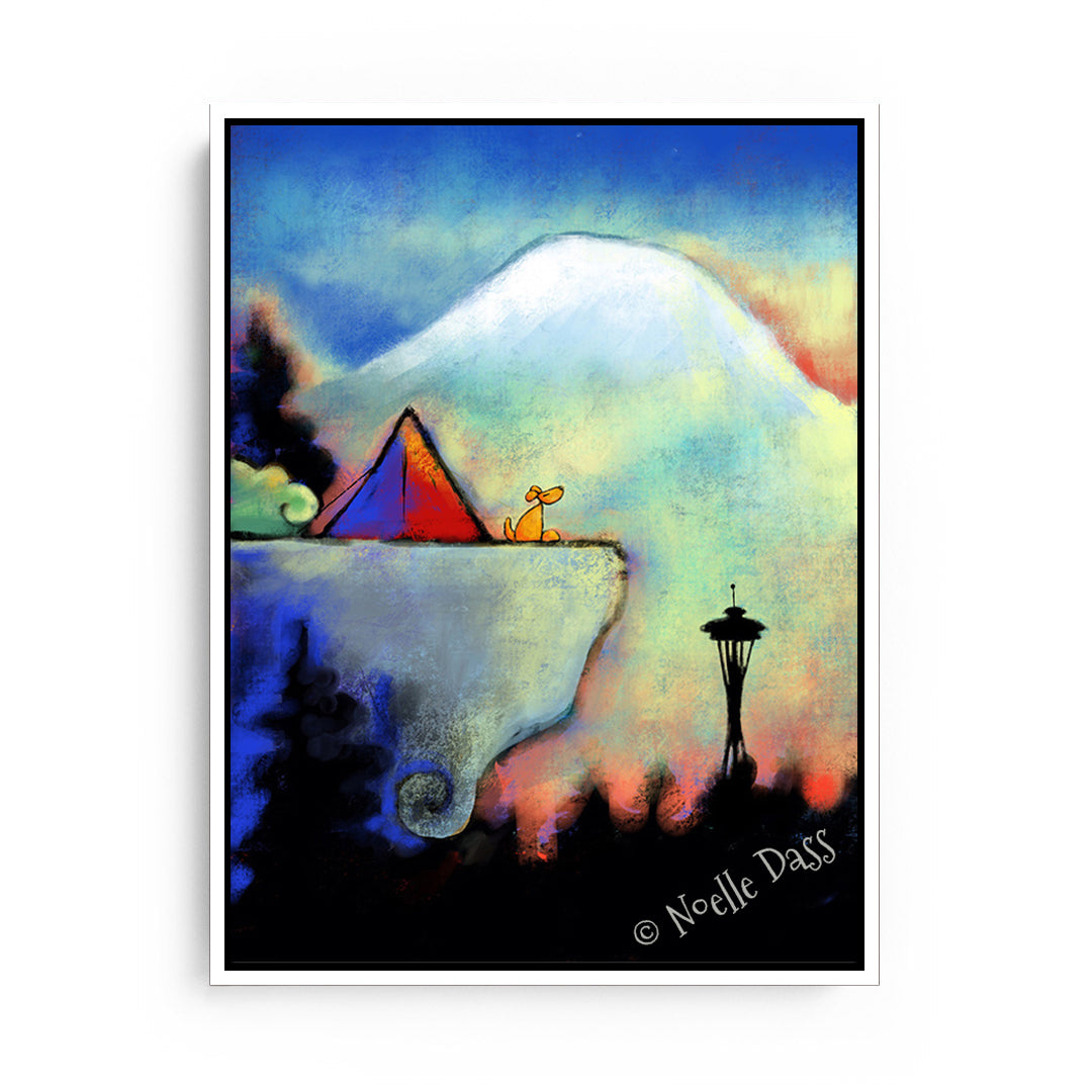 Space Needle Bliss | Dog sitting on cliff Canvas / 30x40 / White Floating Frame