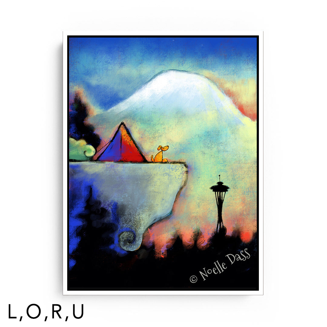 Space Needle Bliss | Dog sitting on cliff U: Framed Canvas - White 30x40 in.