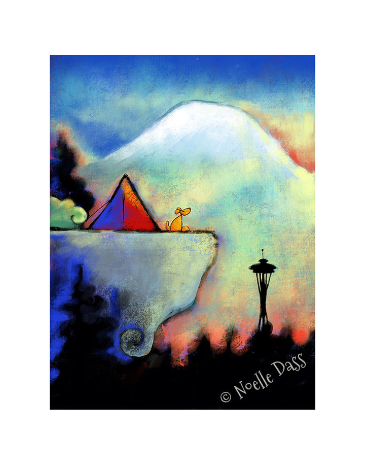 Space Needle Bliss | Dog sitting on cliff