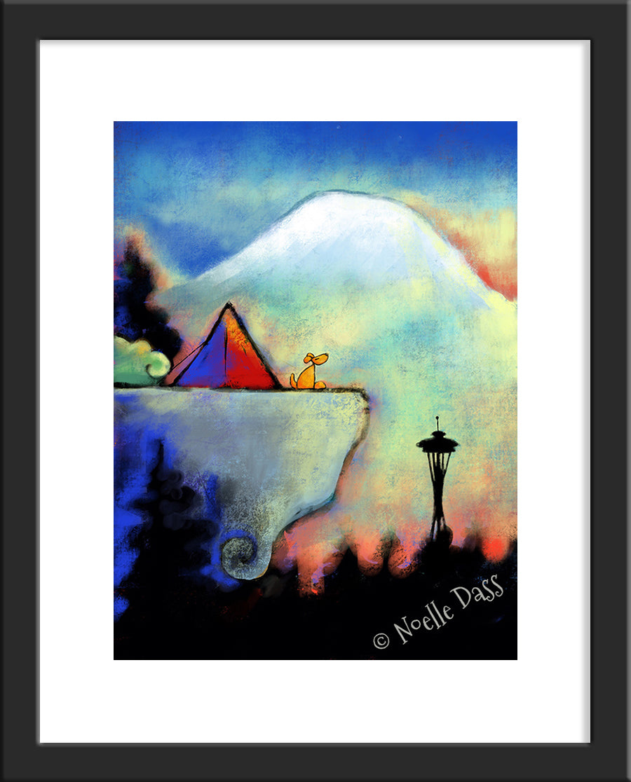 Space Needle Bliss | Dog sitting on cliff Paper / 11x14 with white border/image is 8x10 / Black Frame