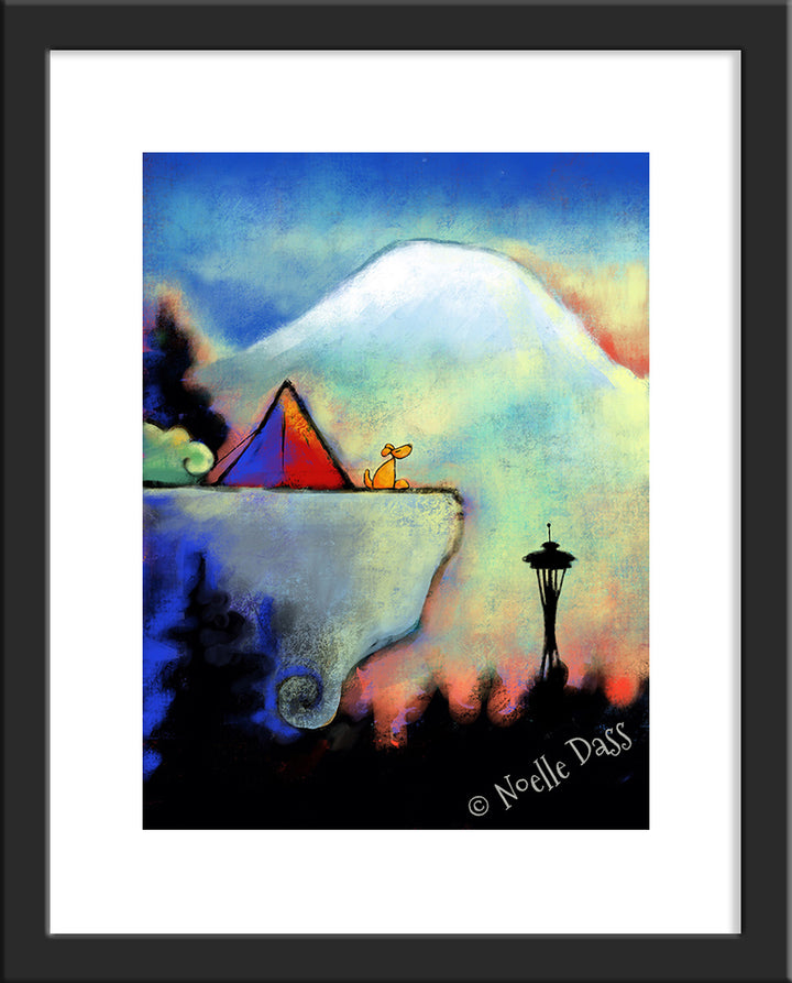 Space Needle Bliss | Dog sitting on cliff Paper / 11x14 with white border/image is 8x10 / Black Frame