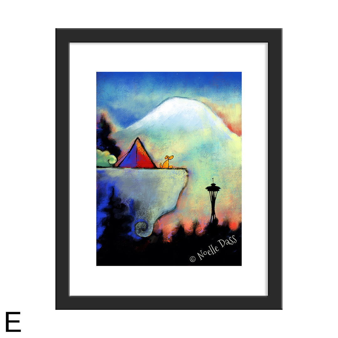Space Needle Bliss | Dog sitting on cliff E. Framed 11x14 paper with white border