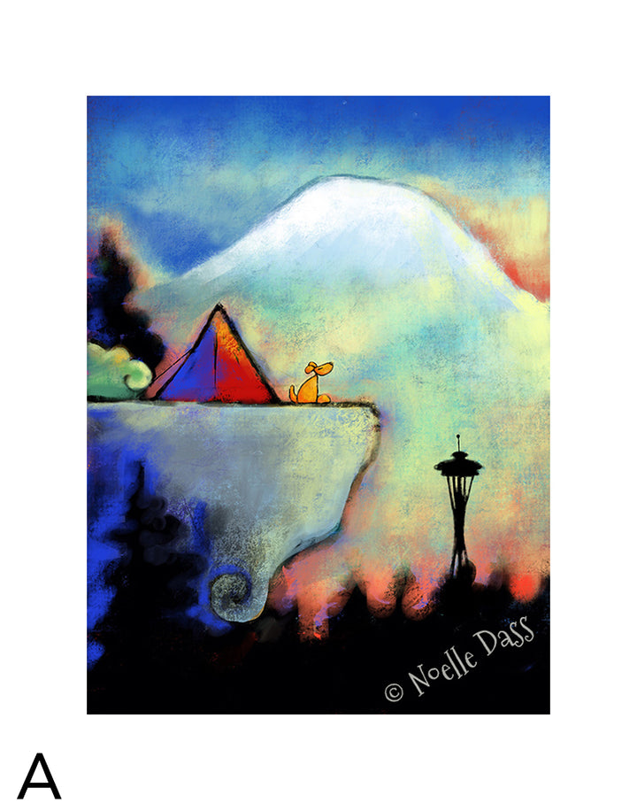 Space Needle Bliss | Dog sitting on cliff A. 11x14 in. archival paper with white border - image is 8x10