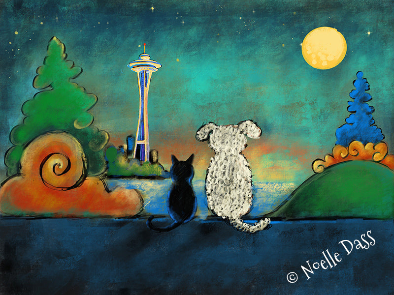 Friends together with Space Needle in background, colorful Seattle friendship art print