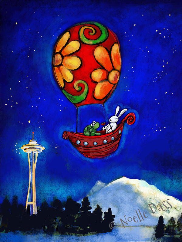 Rabbit and turtle in hot air balloon over Space Needle, Seattle whimsical art print