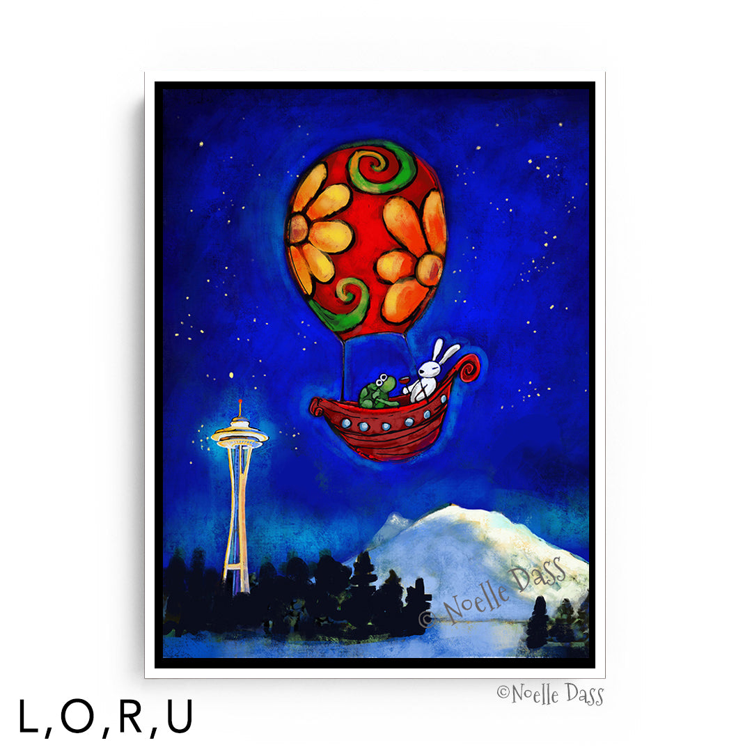 Space Needle Rewrite Your Story | Rabbit and Turtle Adventure U: Framed Canvas - White 30x40 in.
