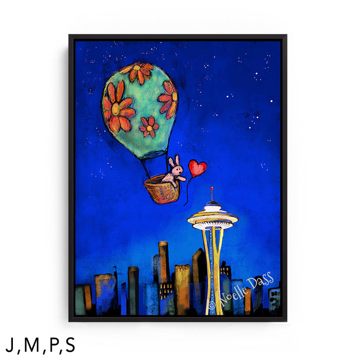 Space Needle Rabbit Reaching for Red Balloon S: Framed Canvas - Black 30x40 in.