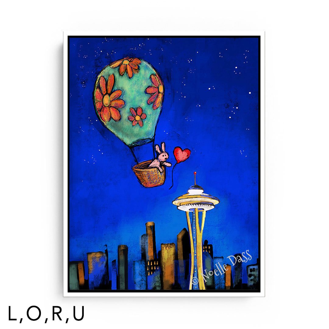 Space Needle Rabbit Reaching for Red Balloon U: Framed Canvas - White 30x40 in.