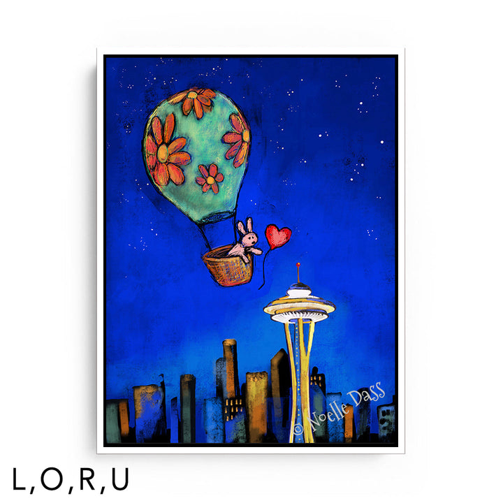 Space Needle Rabbit Reaching for Red Balloon U: Framed Canvas - White 30x40 in.