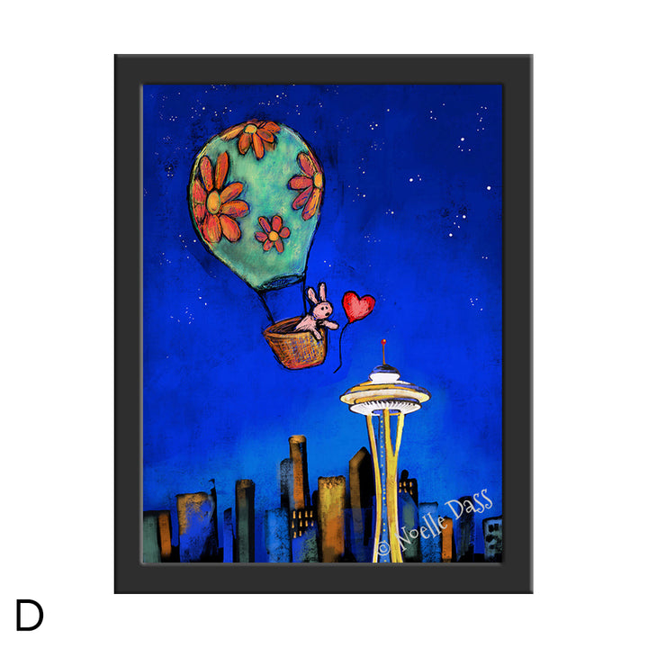 Space Needle Rabbit Reaching for Red Balloon D. Framed 6x8 in. paper