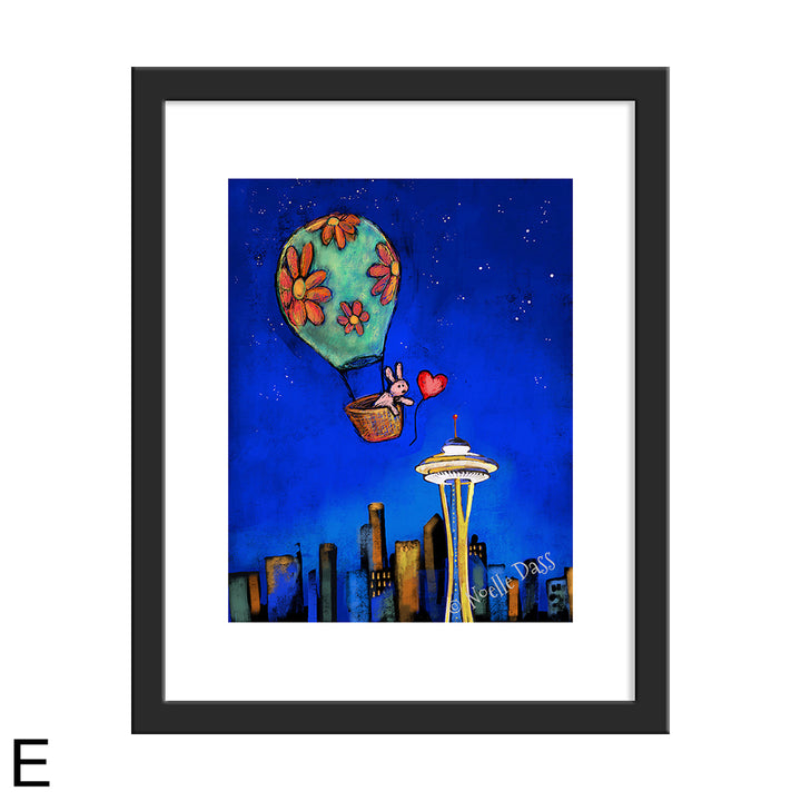 Space Needle Rabbit Reaching for Red Balloon E. Framed 11x14 paper with white border