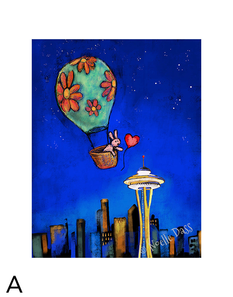 Space Needle Rabbit Reaching for Red Balloon matted archival paper art print, 11x14 with white border, by Noelle Dass