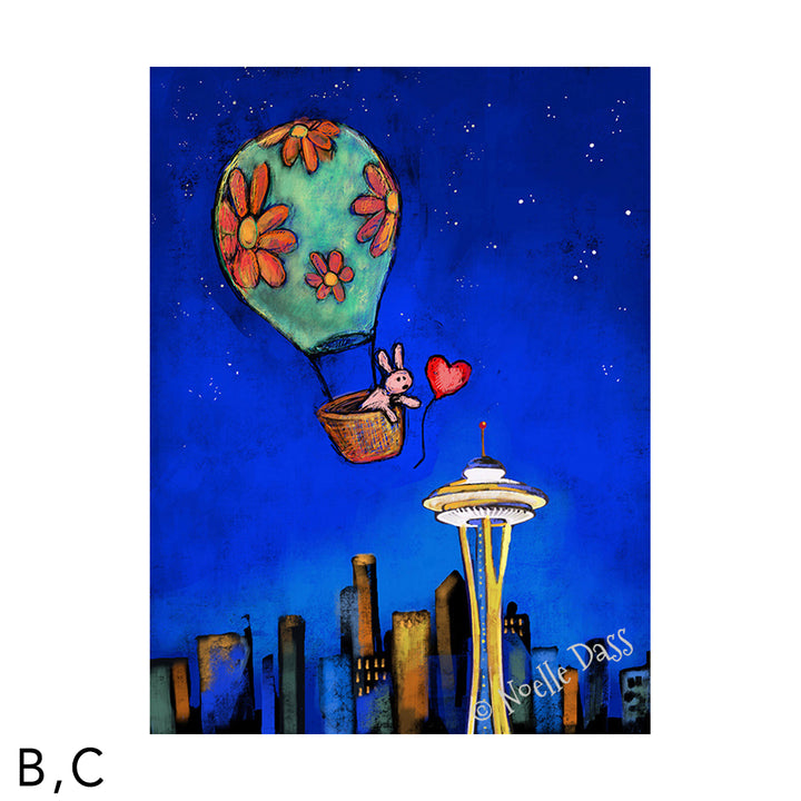 Space Needle Rabbit Reaching for Red Balloon C. Archival Paper - Image is 18x24 in.