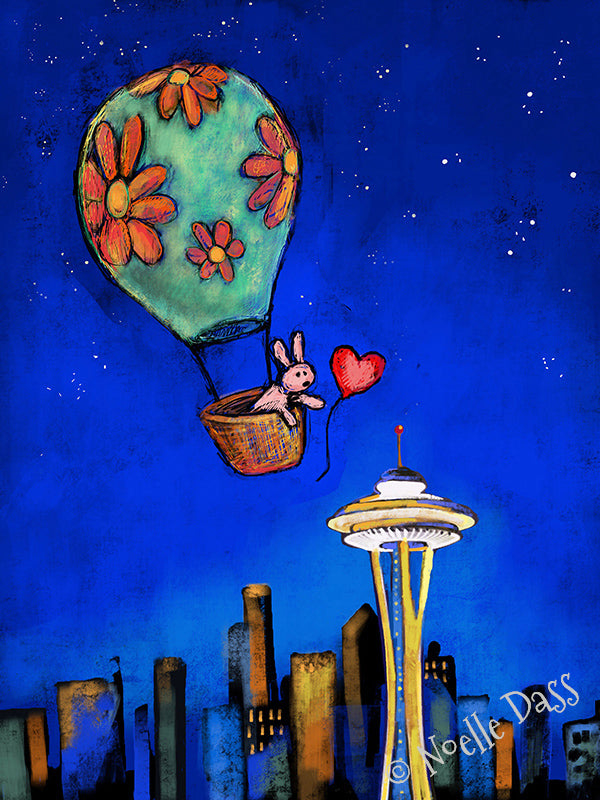 Rabbit reaching for a red balloon near the Space Needle, colorful Seattle art print