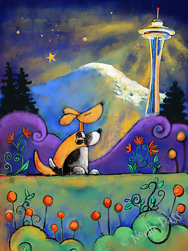 Dog gazing at moon near Space Needle at night, Seattle dog art print