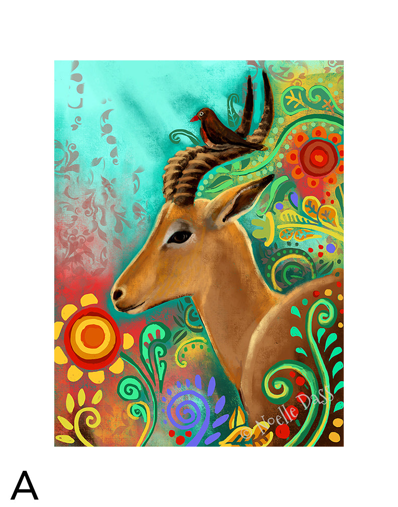 Gazelle and Bird Friends matted archival paper art print, 11x14 with white border, by Noelle Dass