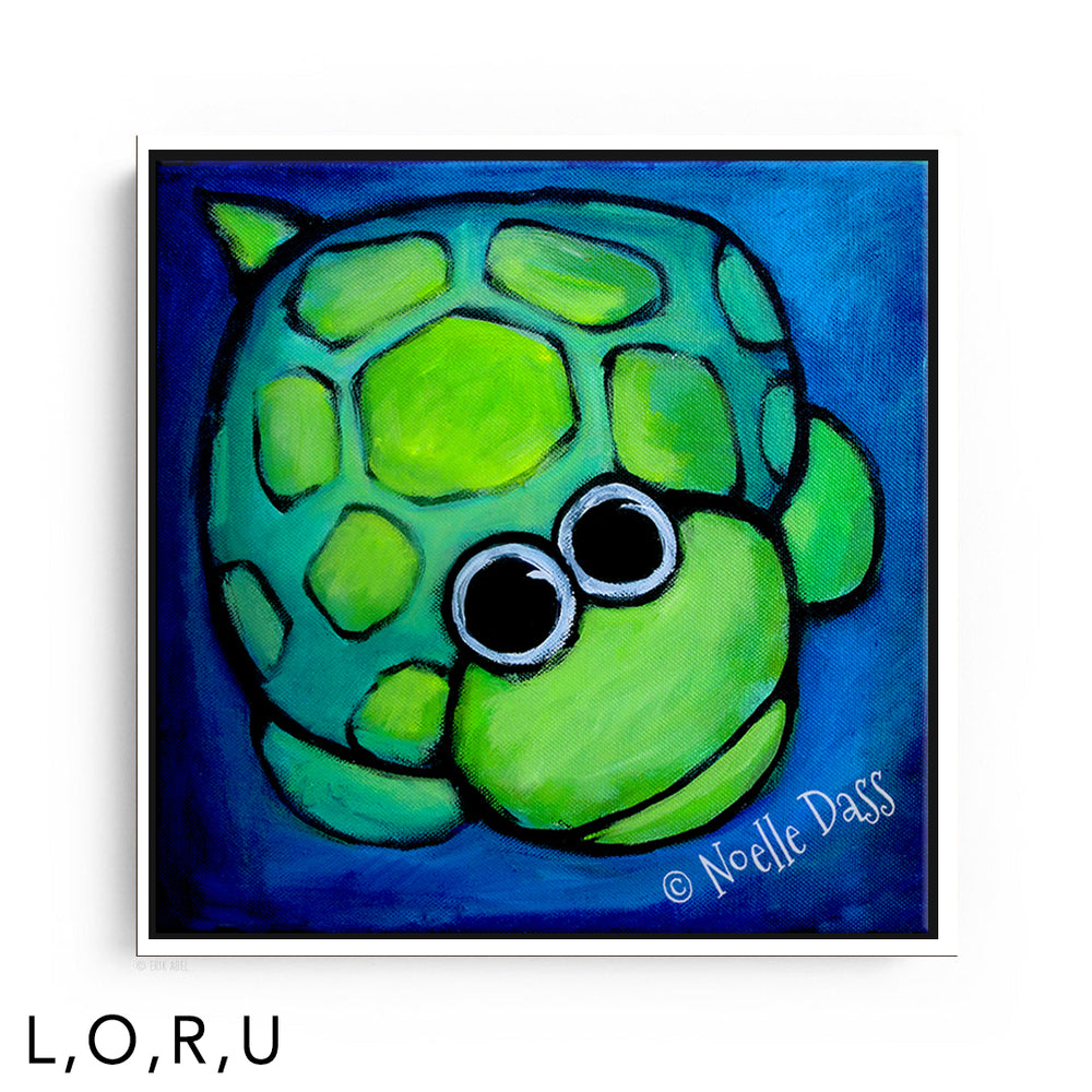 Turtle Gazing at Moon O. Framed Canvas White 12x12 in.