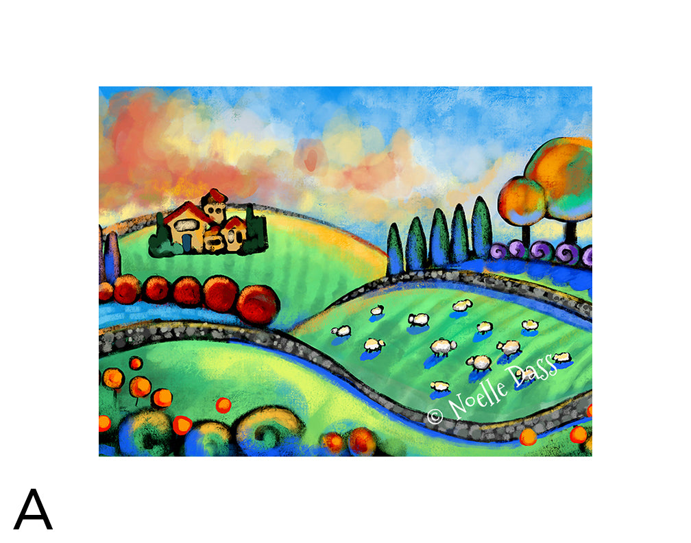 Tuscan Sheepscape matted archival paper art print, 11x14 with white border, by Noelle Dass