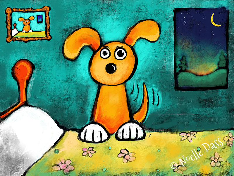 Energetic dog acting as an alarm clock early in the morning, funny dog art print