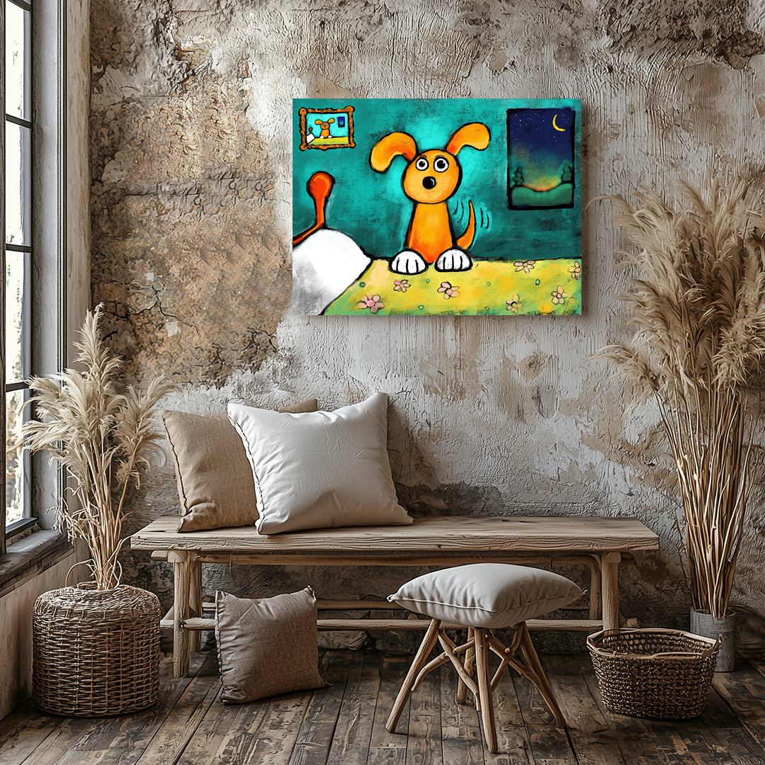 Energetic dog acting as an alarm clock early in the morning, funny dog art print