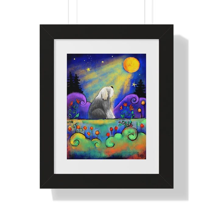 Sheepdog Gazing at Moon Framed Print