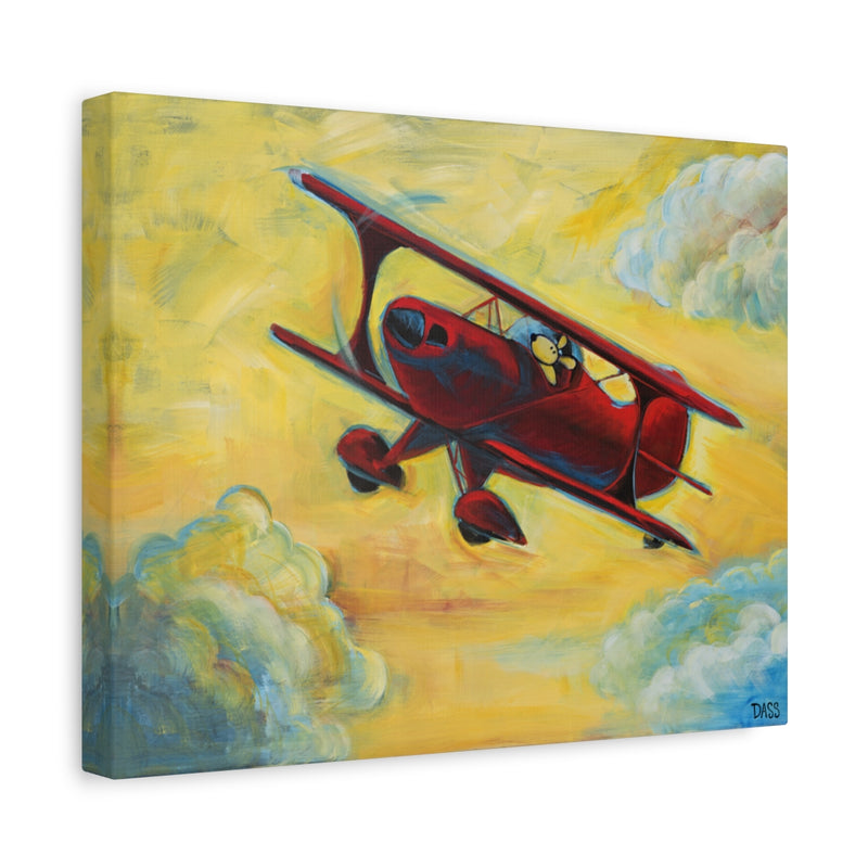 Fun in the Sky | Pitts Biplane | Dog and Bird with Flowers | Stretched Canvas 1.25" Deep
