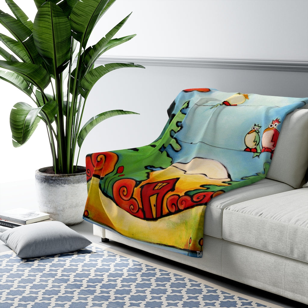 Lazy Birds in Woods with Cabin Sherpa Fleece Blanket