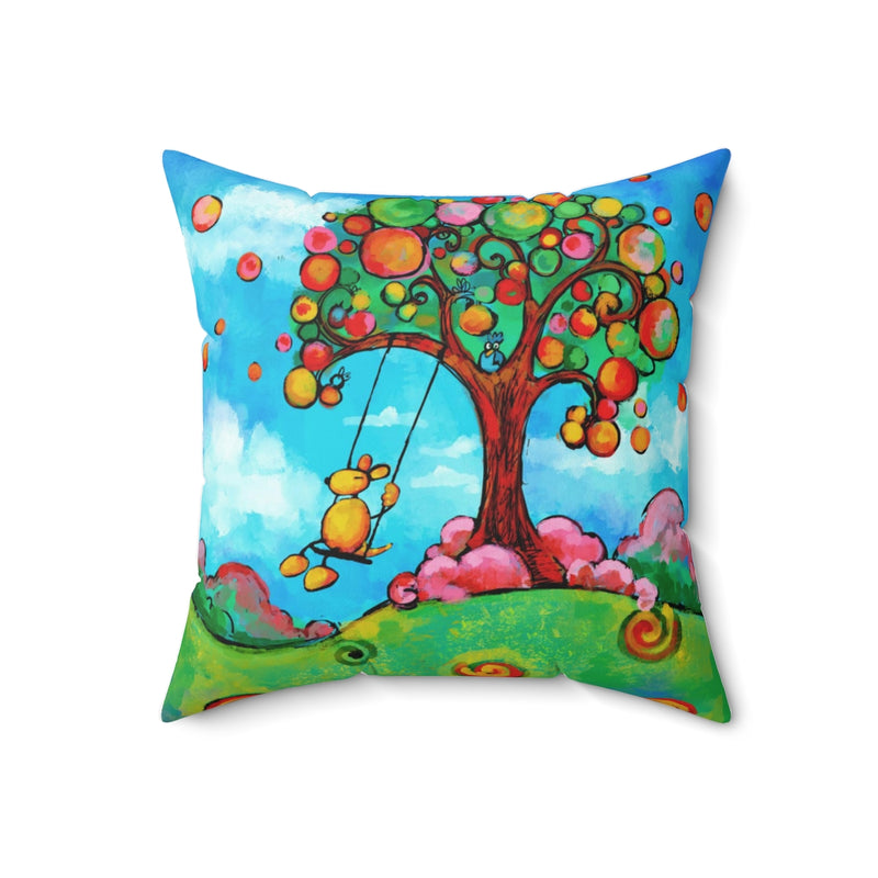 Love all Animals | Happiness Dog on Swing | Reversible Spun Polyester Square Pillow