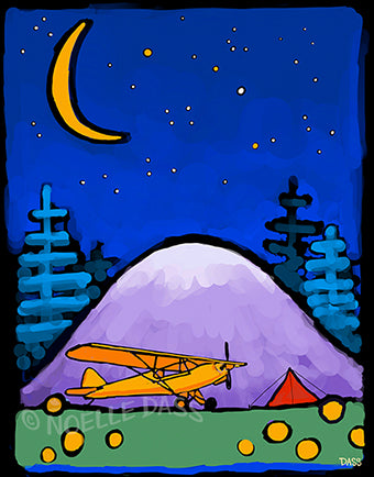 Adventure Awaits Cub and Tent in Mountains Under Stars and Moon