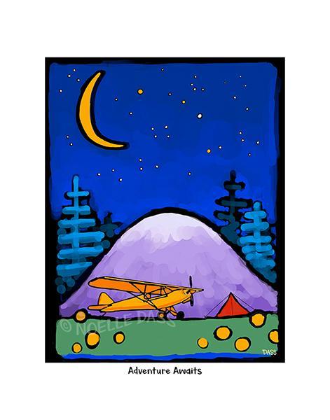 Adventure Awaits Cub and Tent in Mountains Under Stars and Moon