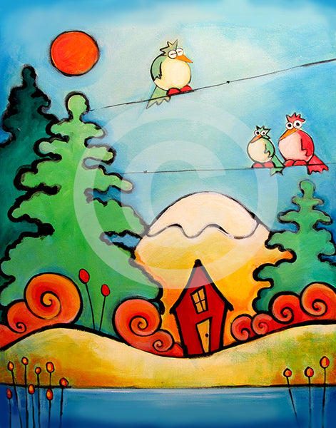 Birds with Cabin in the Woods - Colorful Animal, Aviation, whimsical, Airstream, Quotes Art Kids, Pediatrics, Happy Art